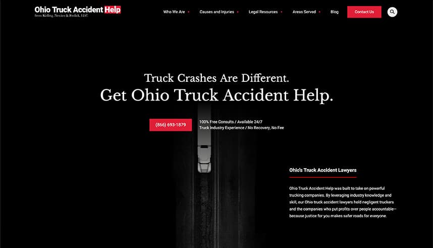 A dark-themed website for Ohio Truck Accident Help shows an overhead view of a white truck on a black road. Text highlights Ohio truck accident aid, a 24/7 helpline, and free consultation. Menu and contact options are visible.