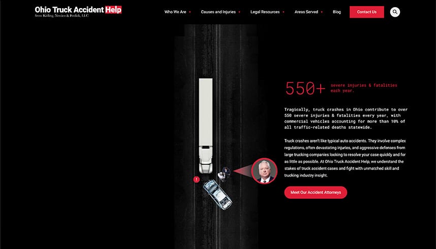 Website screenshot for Ohio Truck Accident Help showing a graphic of a truck and car accident on a dark road, with a highlighted statistic: 550+ severe injuries & fatalities each year. A red button says, Meet Our Accident Attorneys.