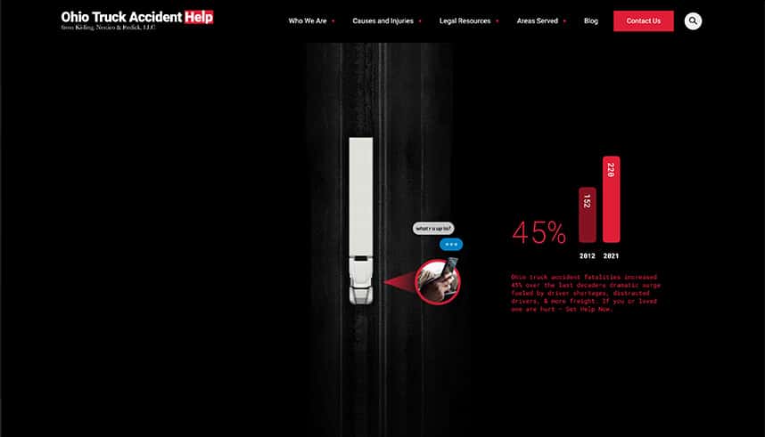 Overhead view of a white semi-truck on a dark road with a red graph showing a 45% increase in accidents from 2019 to 2021; Ohio Truck Accident Help website branding appears at the top.