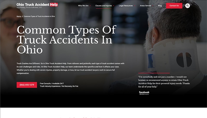 Screenshot of a website for Ohio Truck Accident Help, showing the headline Common Types Of Truck Accidents In Ohio. The background features a person wearing a neck brace, and a red button offers a free consultation number.