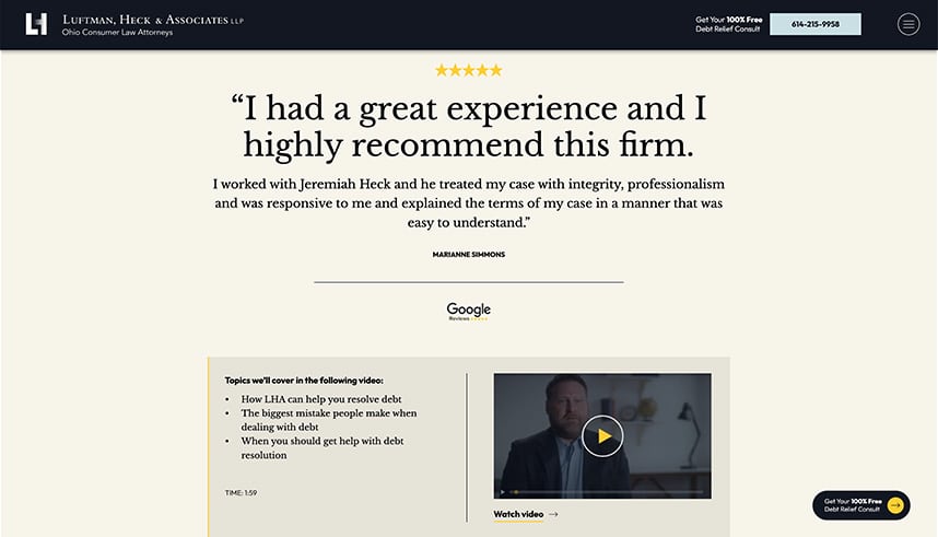 A website testimonial for Luftman, Heck & Associates features a client review praising their professionalism and clear communication, along with a video thumbnail, navigation buttons, and the firm’s contact number at the top right.
