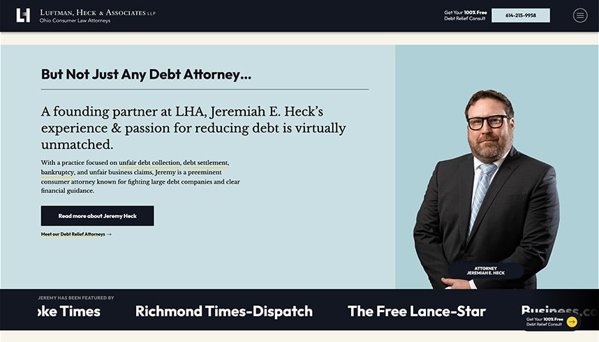 A website section features attorney Jeremiah E. Heck in a suit and glasses, with text highlighting his experience in reducing debt and media outlets where he’s been featured. A contact phone number appears at the top.