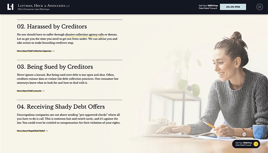 A woman with a ponytail sits at a desk, smiling while holding a pencil and notebook. Text on the left lists debt concerns: harassment by creditors, being sued, and receiving shady debt offers. The law firms contact info is at the top.