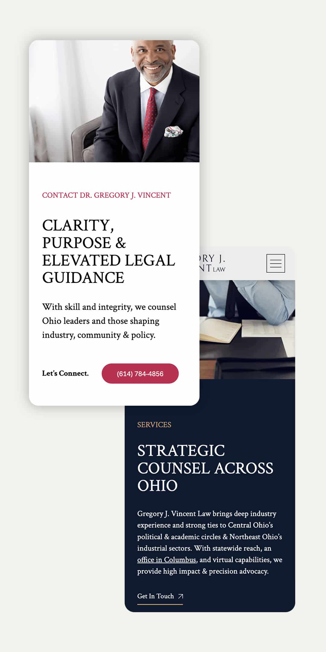 Two overlapping website cards: the front features a smiling man in a suit above text offering legal guidance, with a red contact button; the back card highlights strategic counsel services for Ohio clients.