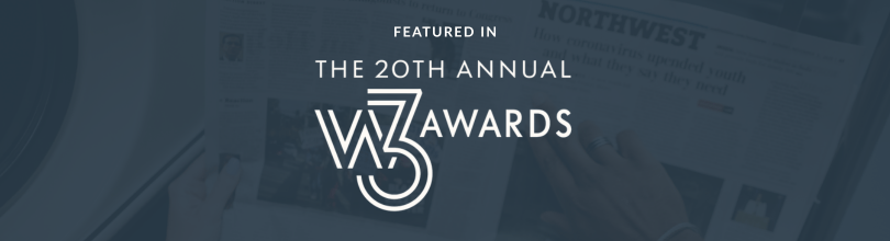 A banner reads Featured in the 20th Annual W3 Awards over a faded background of hands holding a newspaper.