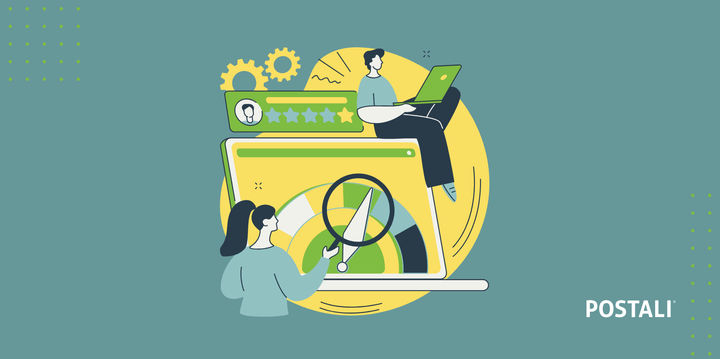 Illustration of two people analyzing data on a large computer screen with charts and rating stars, gears in the background, and the word “POSTALI” in the corner.