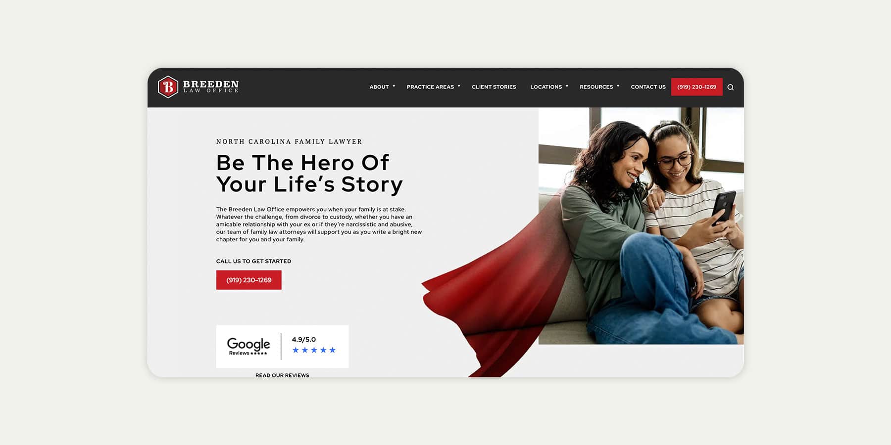 A website homepage for Breeden Law Office features two smiling women sitting on a couch, looking at a phone. One woman wears a red cape. The text promotes family law services, and a Google review rating is displayed.