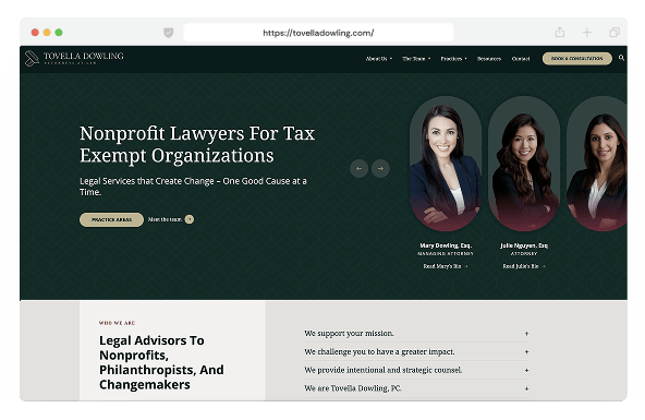 A website homepage for Tovella Dowling, featuring Nonprofit Lawyers For Tax Exempt Organizations with portraits of three female attorneys, their names, and practice areas, plus a navigation menu and contact button.