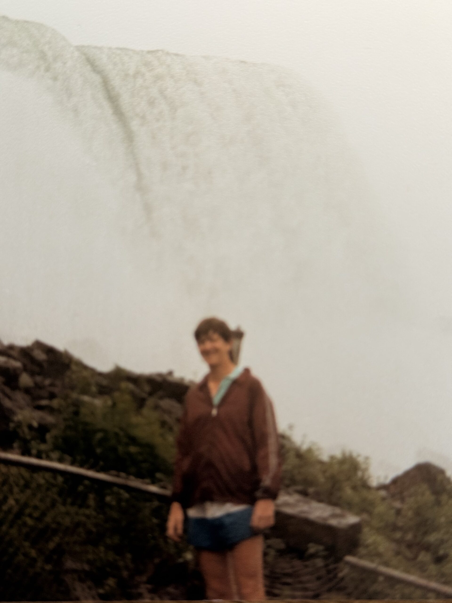 Young man with wet hair stands before Niagara Falls