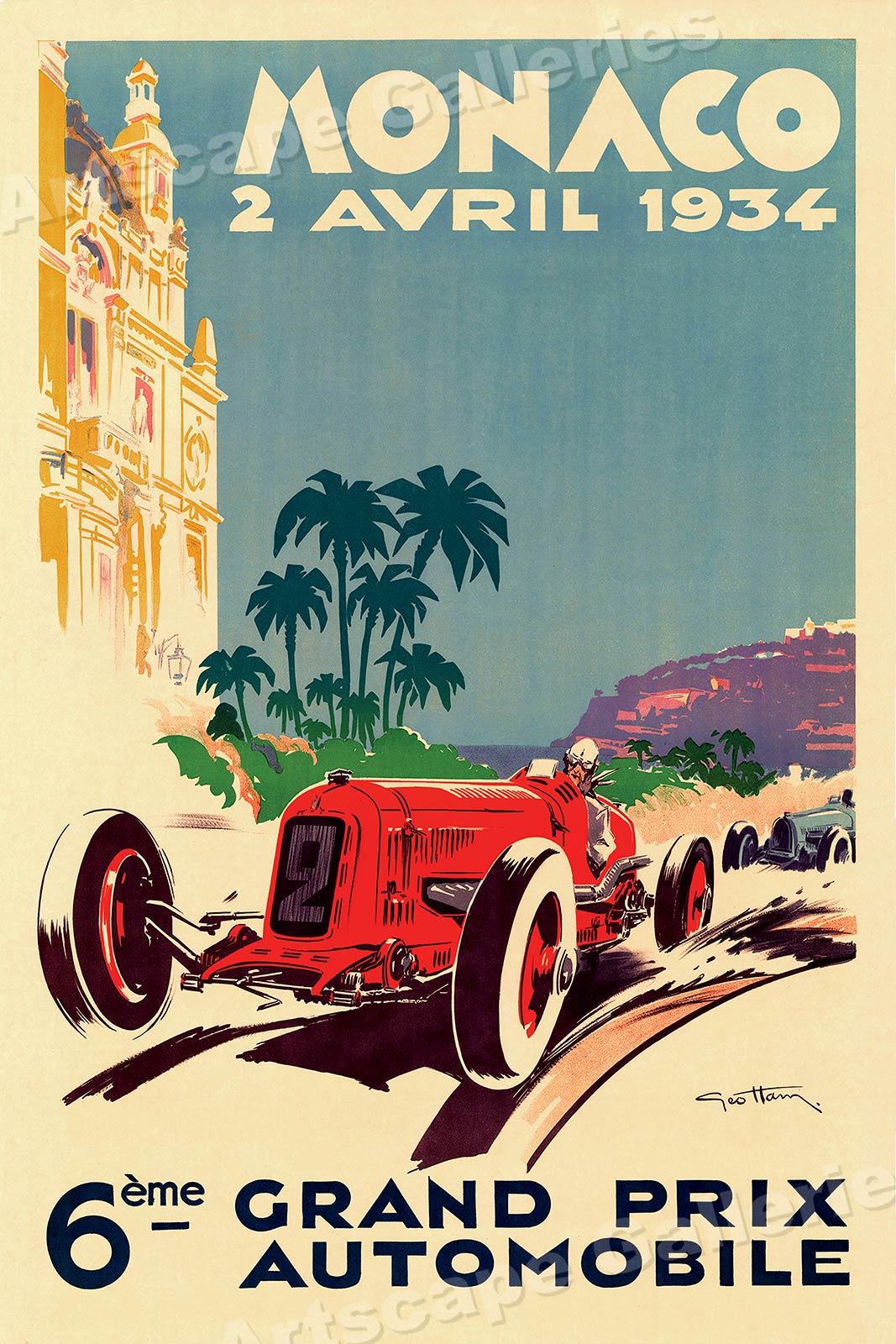 1934 monaco grand prix vintage style red race car poster