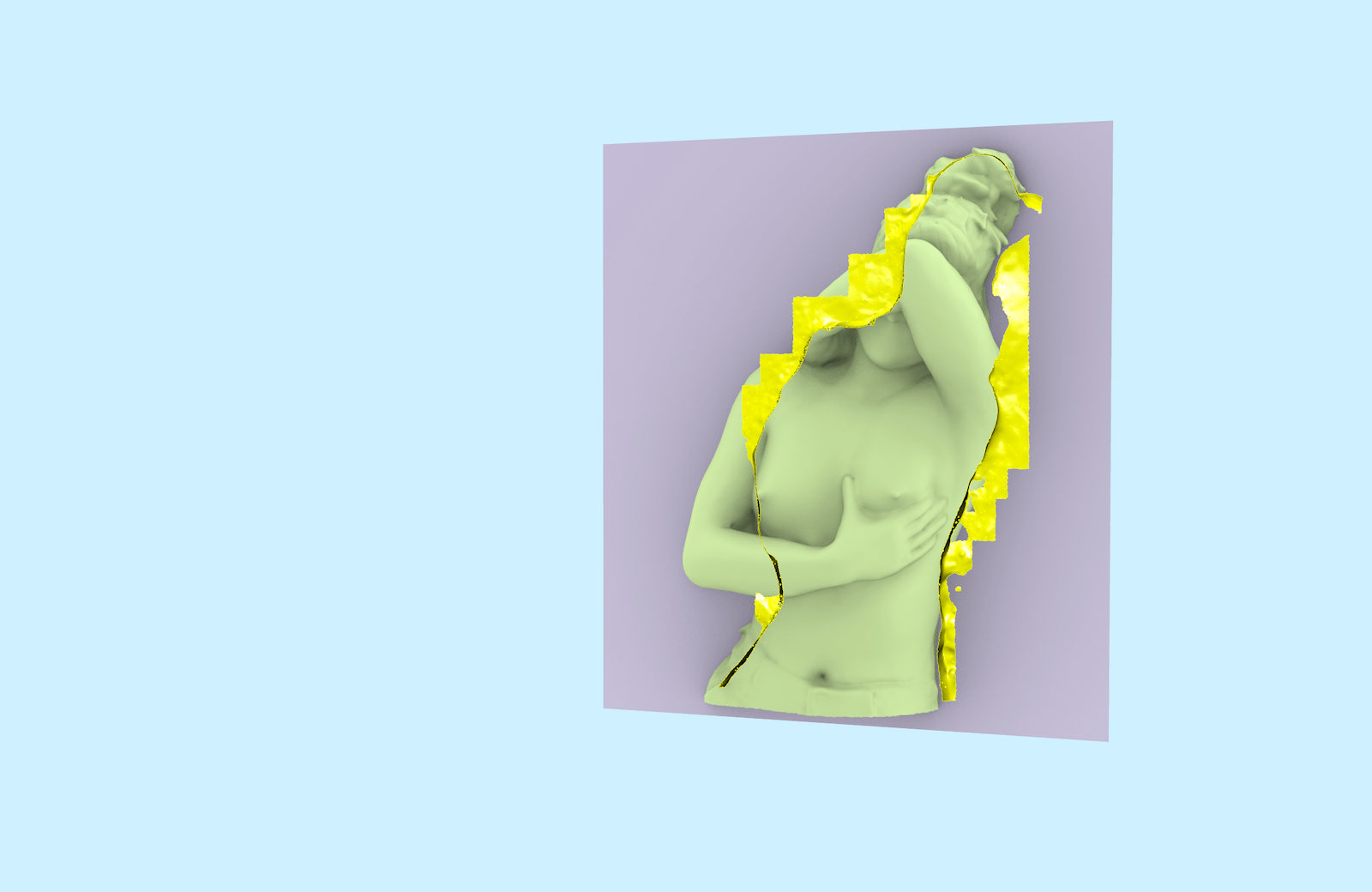 This image depicts the upper portion of a woman covering her face with her arm and holding her left breast against a lavender and blue background.