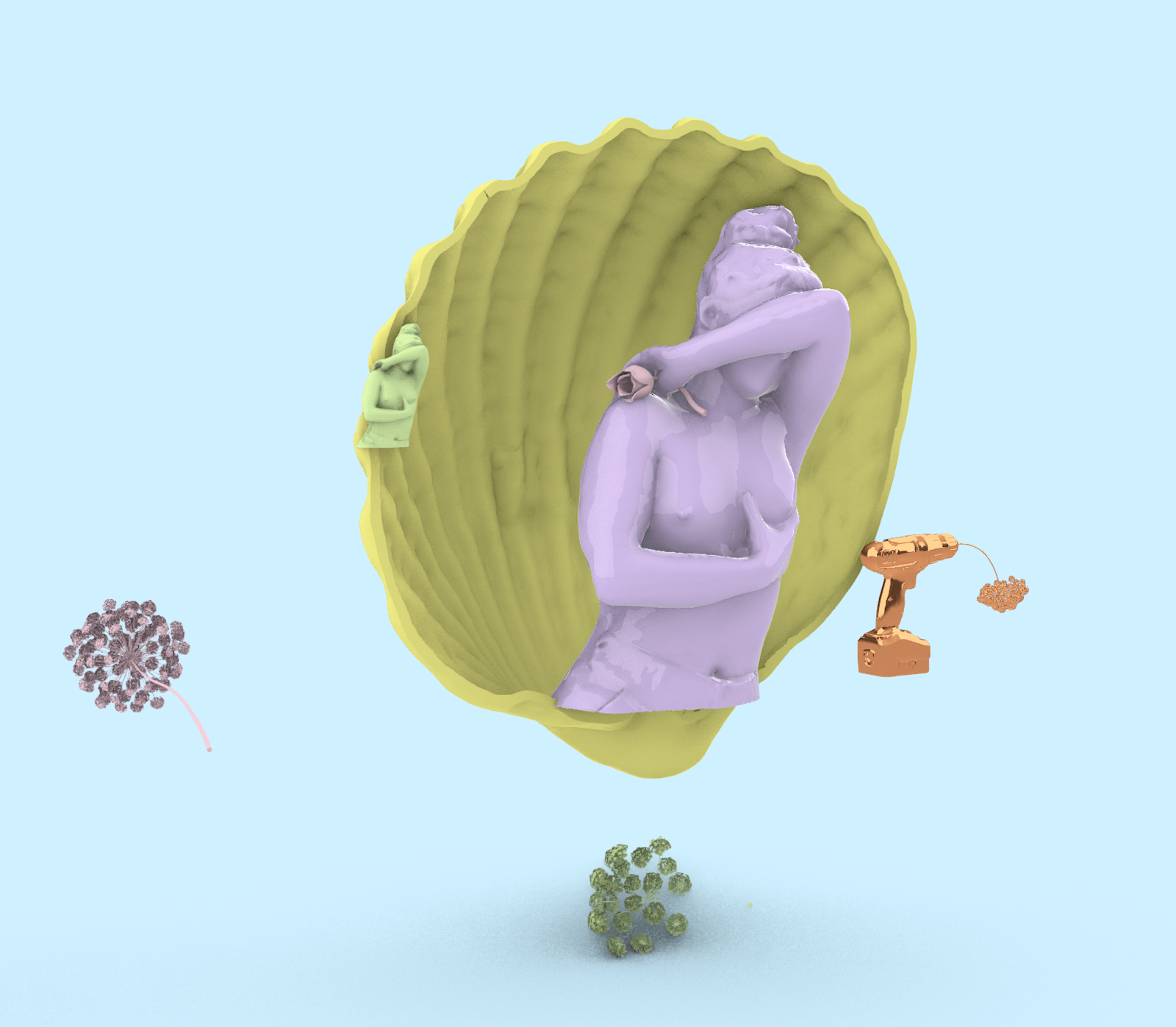 This image depicts the upper portion of a lavender colored woman covering her face. She is positioned in front of a large yellow shell and surrounded by three flowers.