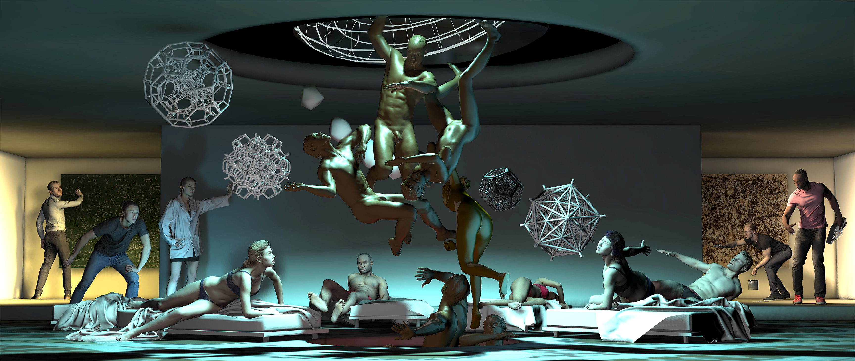 People standing around a gallery while some lay in beds across the floor. Four naked figures are floating up through the center.