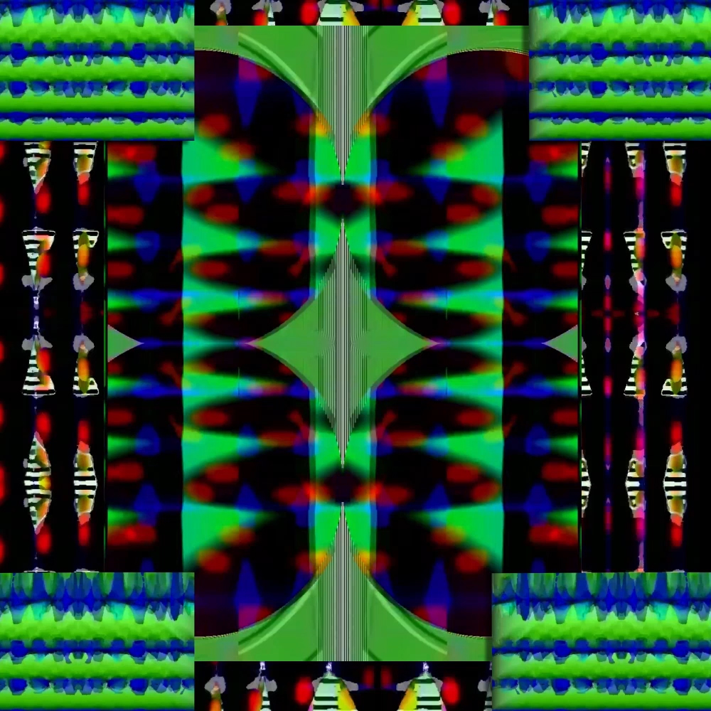 A black screen with a kaleidoscope of green, blue and red, images reflecting each other.