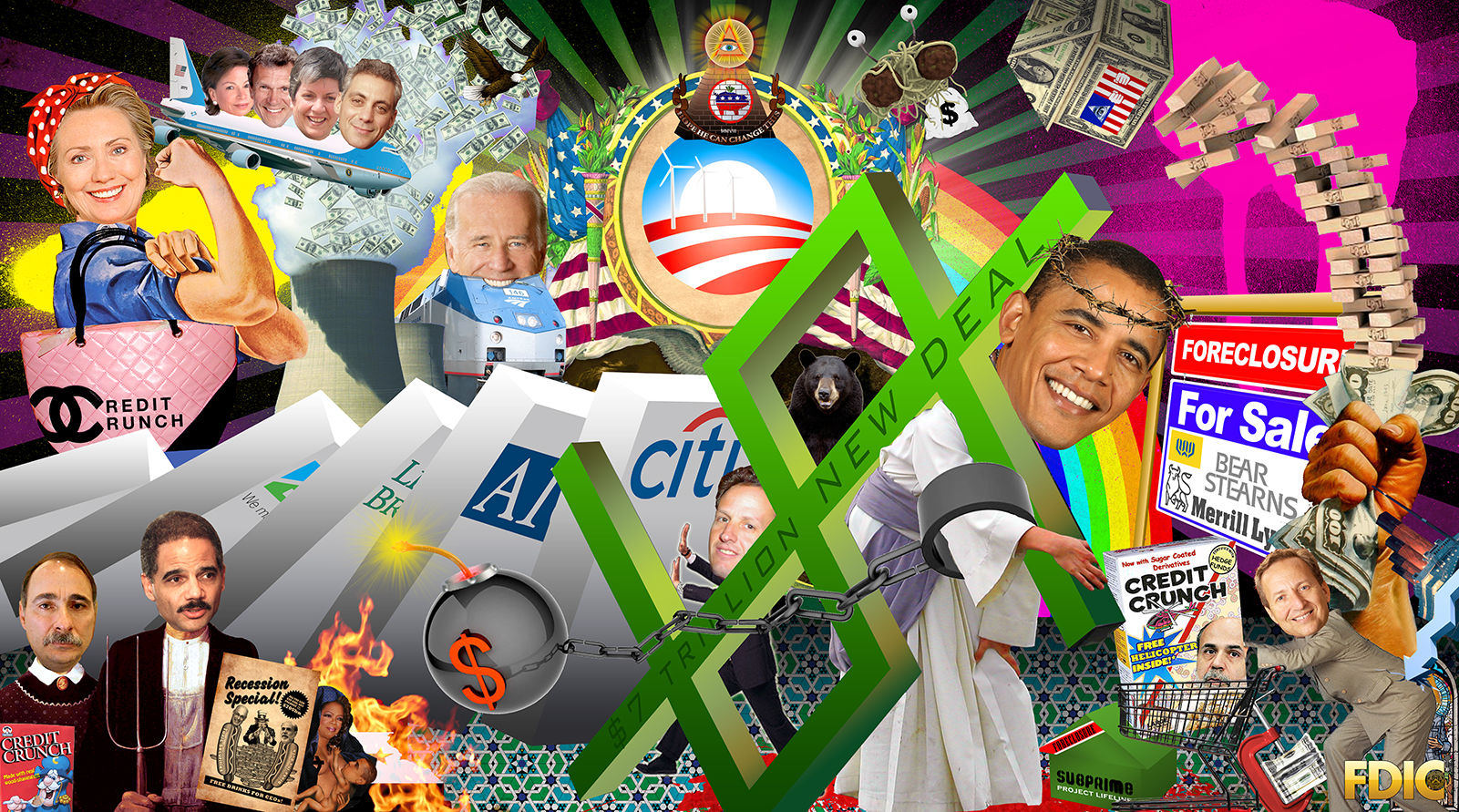 A political collage including an image of Barak Obama as Jesus Christ chained to a bomb, Hilary Clinton as Rosie the Riveter, and Joe Biden’s head on the front of the train.