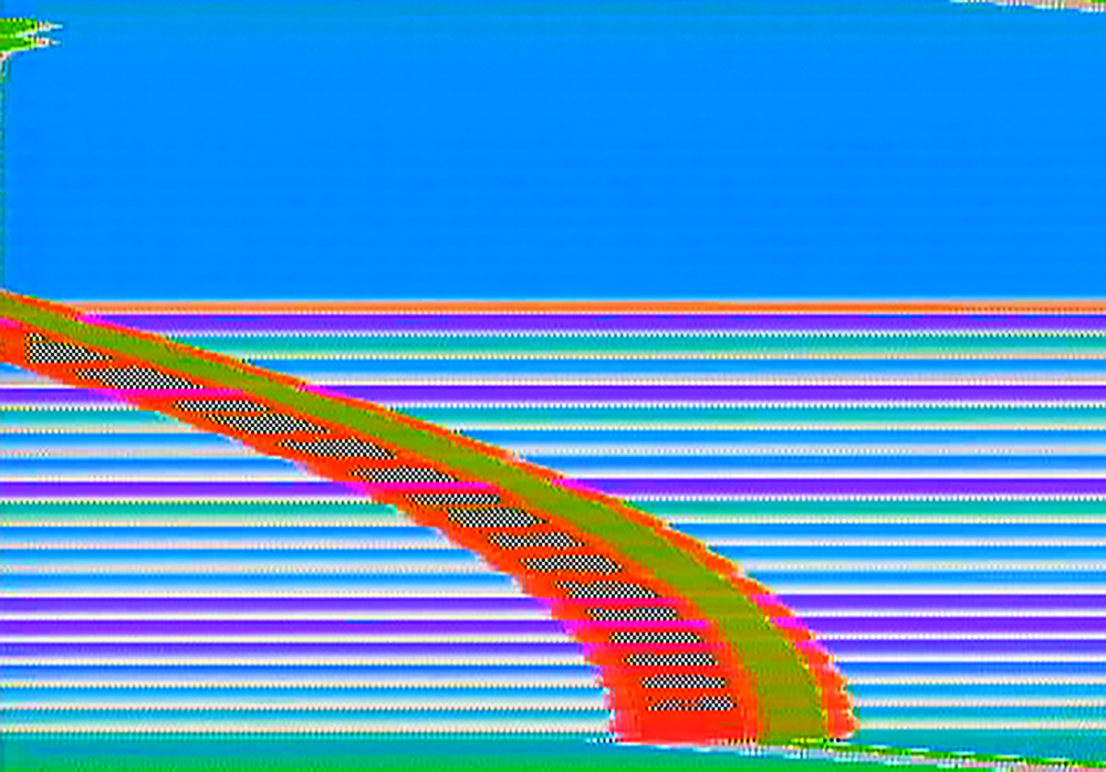 An image of a blue screen with blue and purple stripes stacked halfway up the screen. A red and green curved shape comes through the center and exits through the left side of the image.