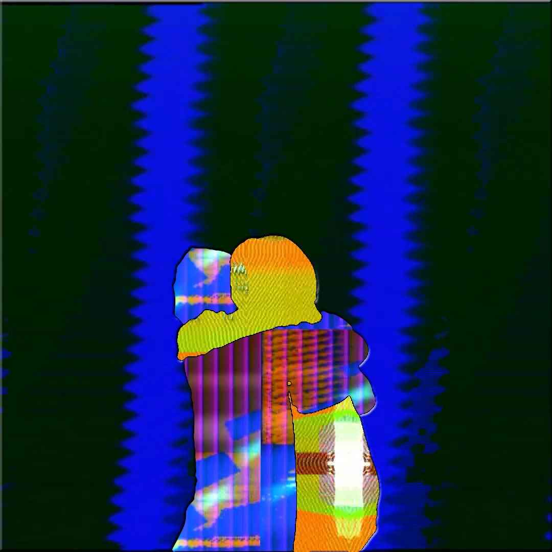 Two colorful figures embrace before black and blue striped background.
