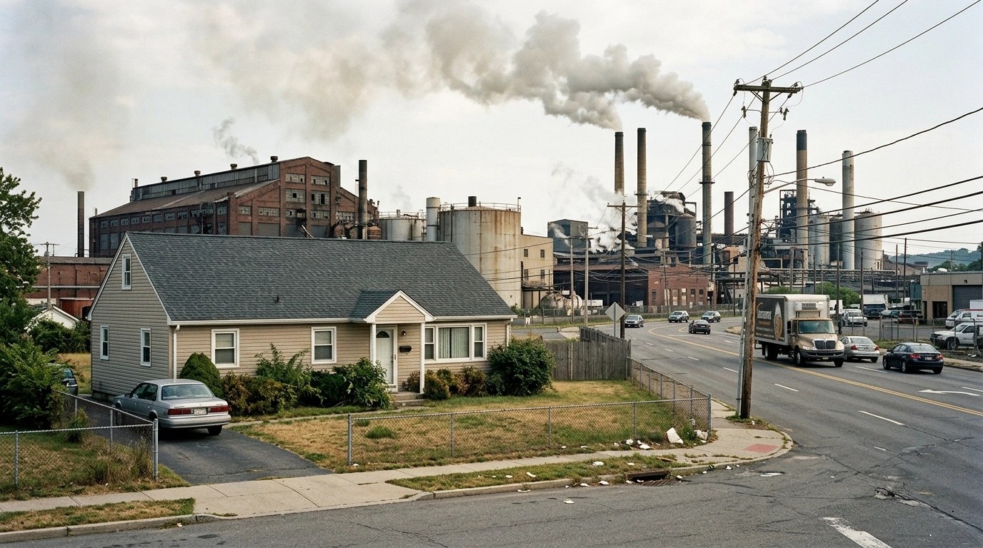 Economic obsolescence in Real Esate-A road leading towards an industrial area with multiple smokestacks emitting large plumes of smoke. A house is situated on the left side of the road.