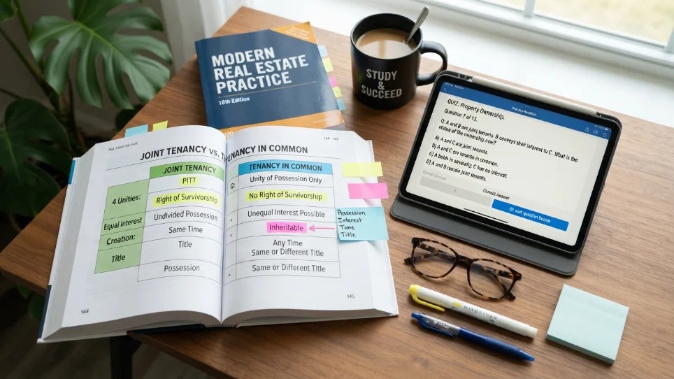 A clean, modern, flat-lay style desk setup for a real estate licensing exam study session - Joint Tenancy vs Tenancy in Common: Real Estate Exam Guide