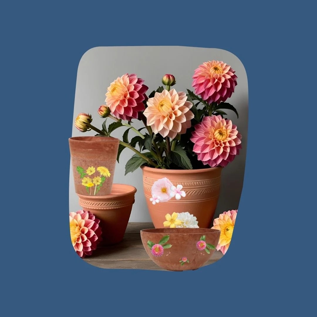 flower pots with sticker floral decals on them