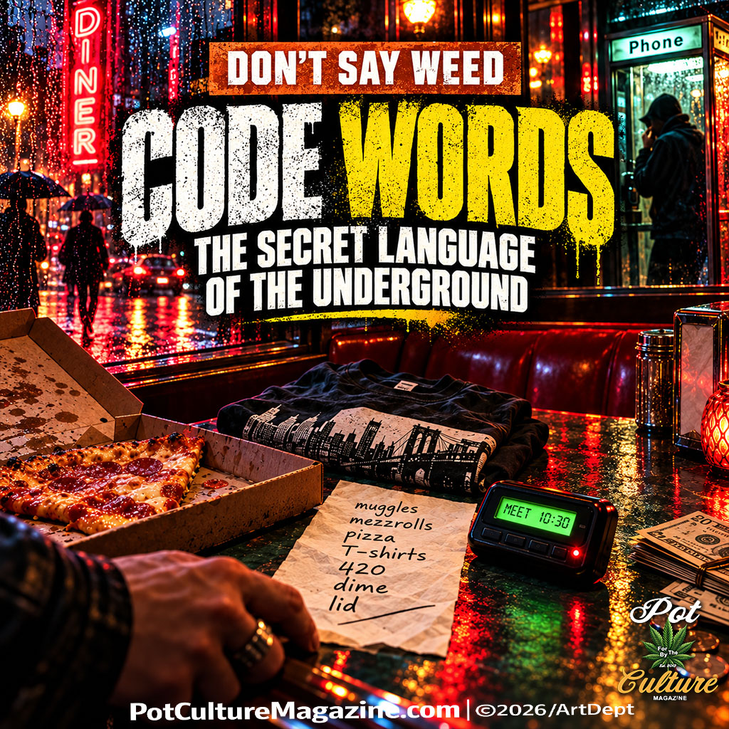 Feature image for “Code Words: The Secret Language of the Underground” showing a rainy, neon-lit diner scene with pizza, a folded T-shirt, cash, a pager reading “Meet 10:30,” and a handwritten list of cannabis slang including muggles, mezzrolls, pizza, T-shirts, 420, dime, and lid. The image evokes the coded language used to buy and discuss weed before legalization, with the Pot Culture Magazine logo, PotCultureMagazine.com, and ©2026/ArtDept visible.