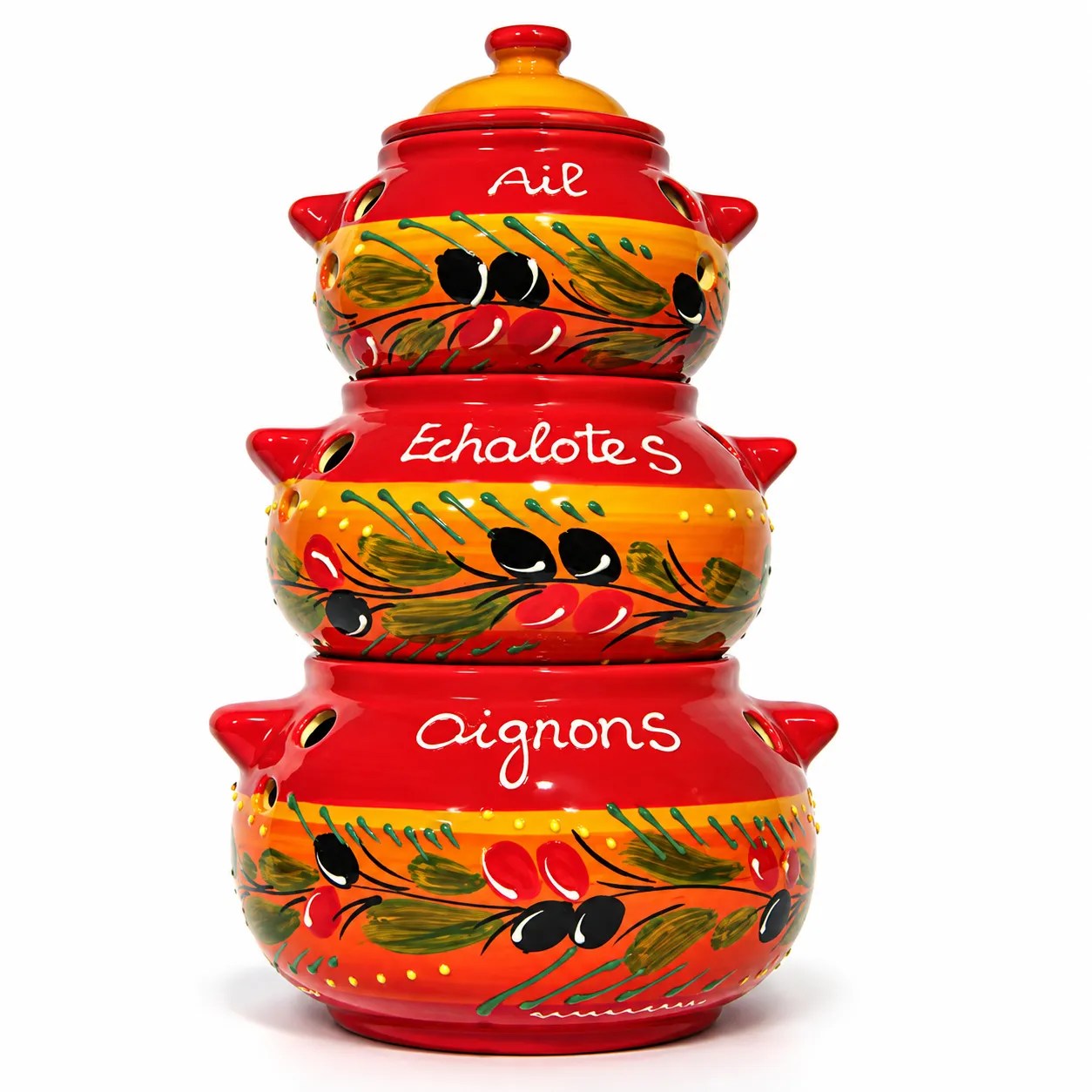 Pyramide à condiments Oignons, échalotes et ails rouge avec décor olives. Style provençal.