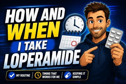A cartoon man holding up a blister of loperamide with a clock and calendar with the text how and when I take loperamide.