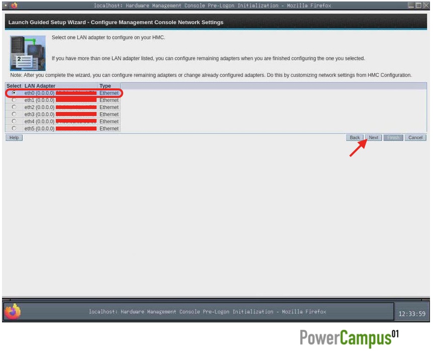 HMC Guided Setup Wizard - select Ethernet adapter