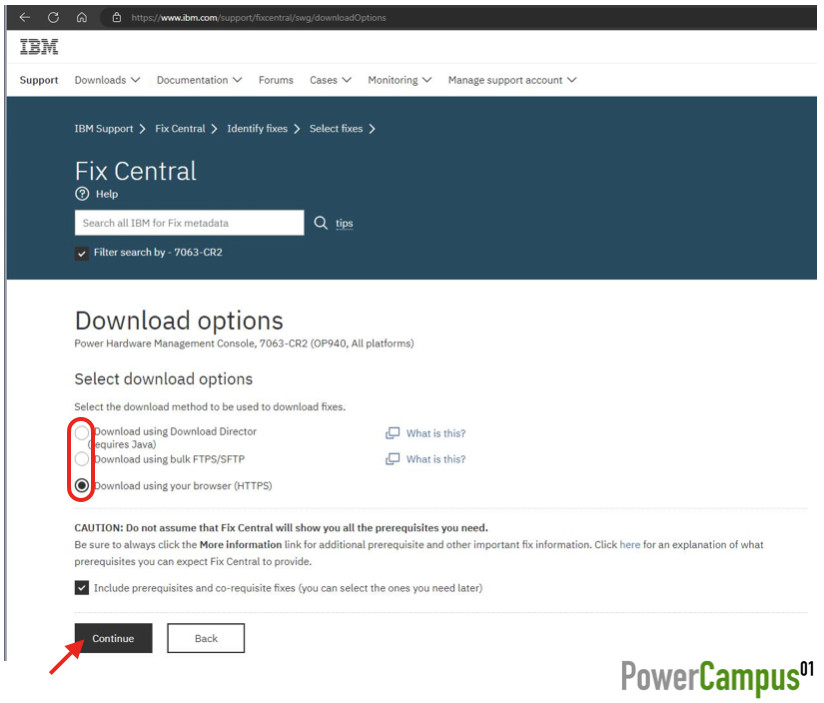 IBM Fix Central - select download options