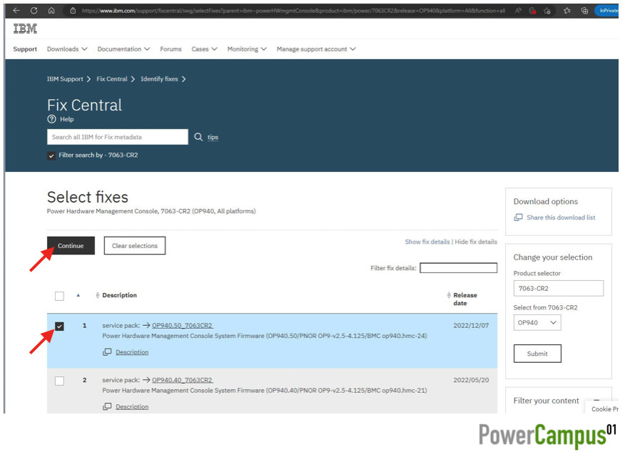 IBM Fix Central - select fixes for 7063-CR2