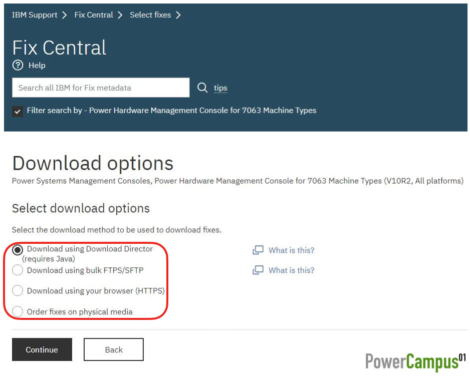 IBM Fix Central - download options