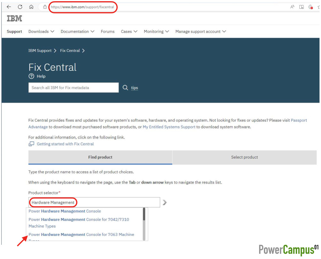 IBM Fix Central - Product selector "Hardware Management"
