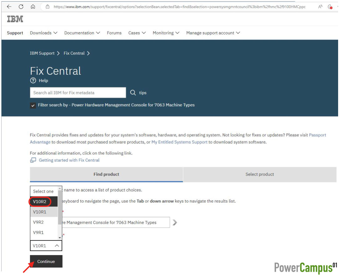 IBM Fix Central - select HMC software version