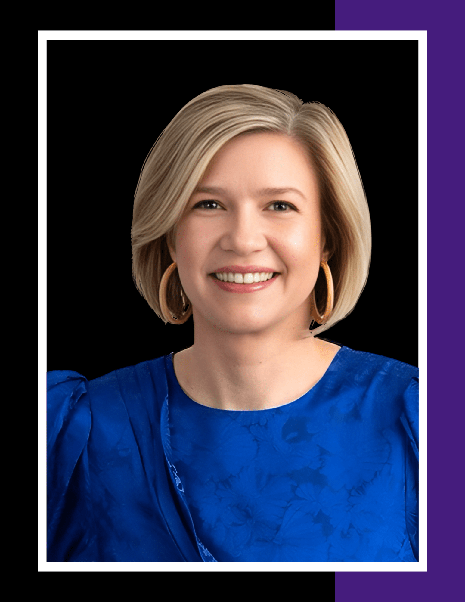 Sybil Dunlop smiling in a professional portrait, wearing a vibrant blue top with gold hoop earrings against a black background with purple and white border accents.
