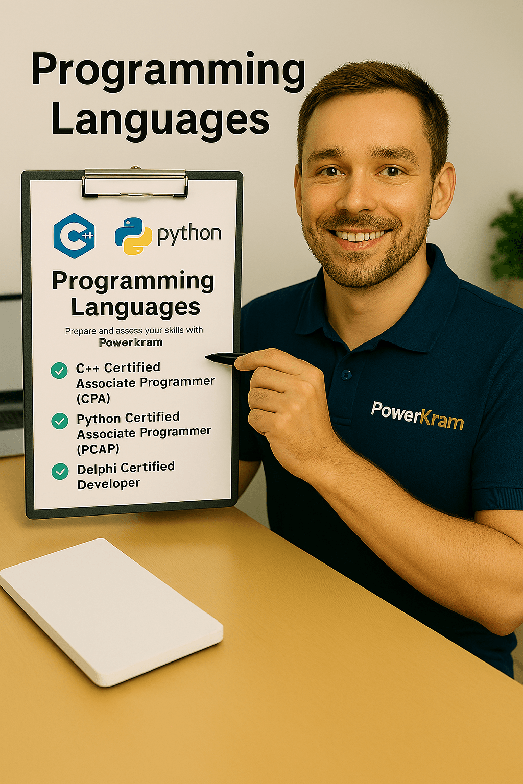 Programming languages certification practice exams displayed on a screen with Python, Java, and C++ icons.