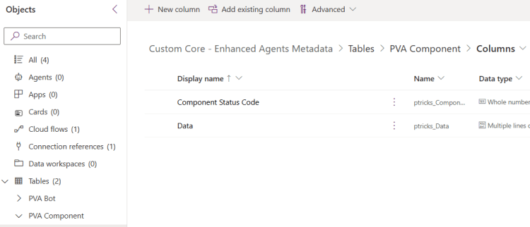 Screenshot showing the customized PVA Bot Component table in the Copilot studio Monitor