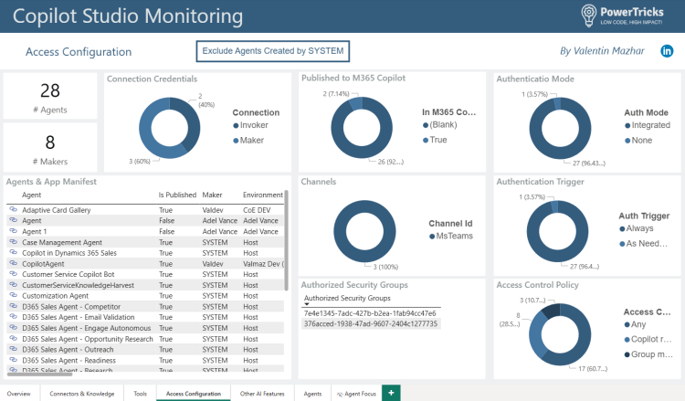 Screenshot showing access configuration page of PBI template for Copilot Studio monitor