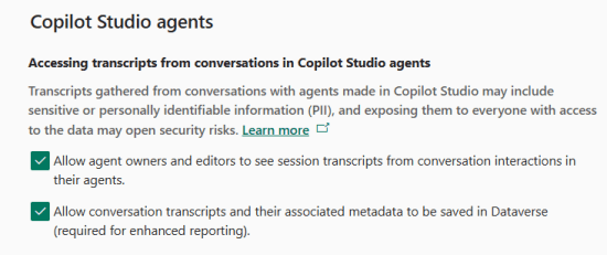 Screenshot of the Agent Transcripts settings in the PPAC