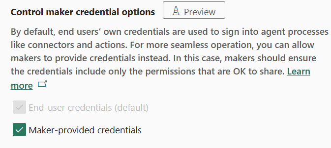 Screenshot of the setting from the Power Platform Admin Center to enable or blocked MCS Maker Credentials