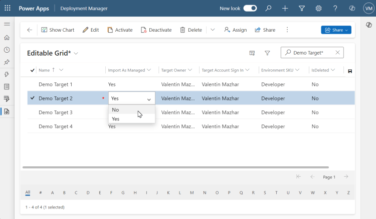 Screenshot of the Target Environment Editable Grid of the Solution Deployer