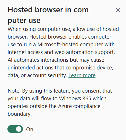 Screenshot showing the hosted browser tenant setting for computer use