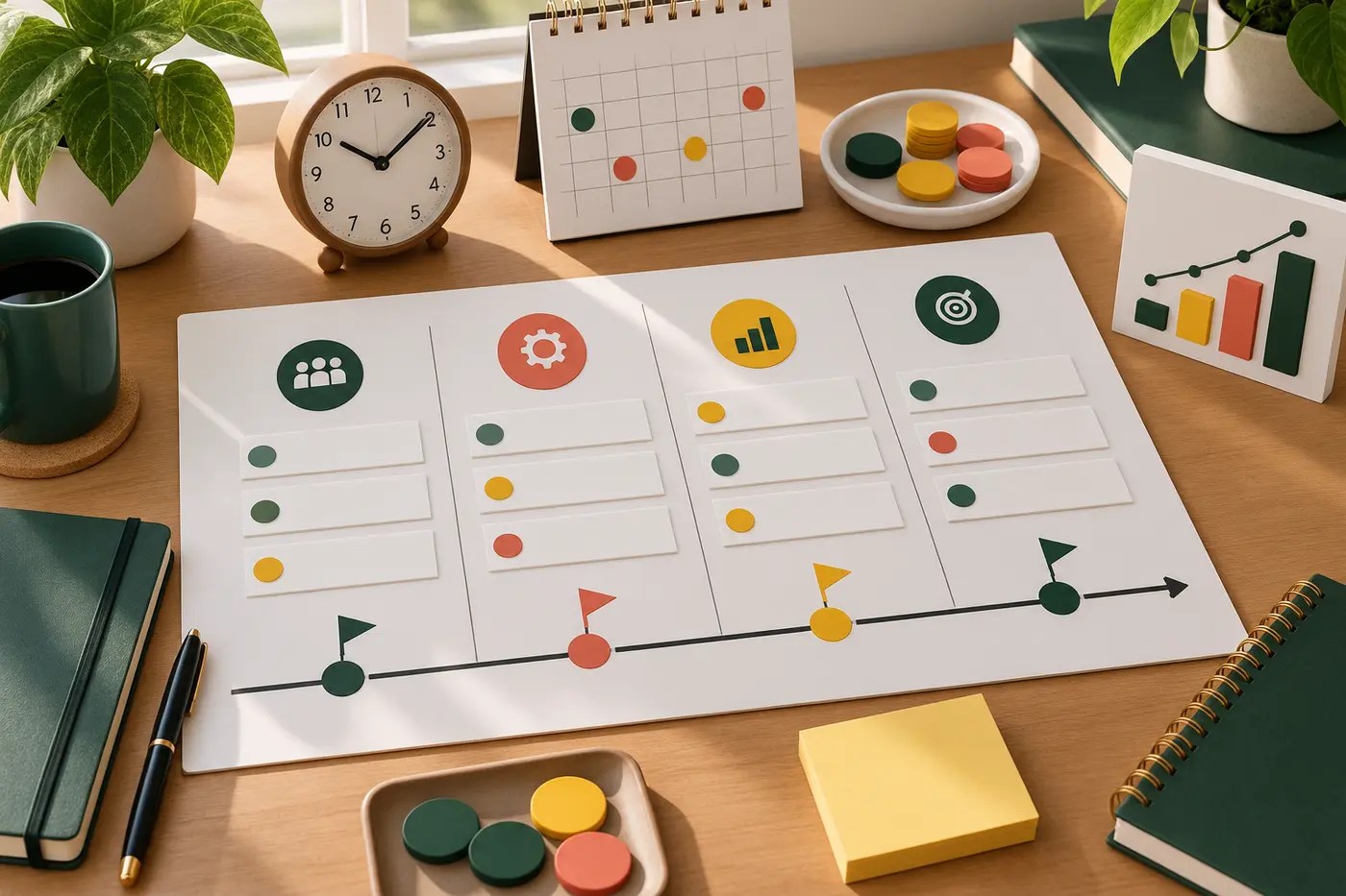 Conceptual 90-day implementation dashboard with four workstream lanes, milestone markers, a calendar and progress charts