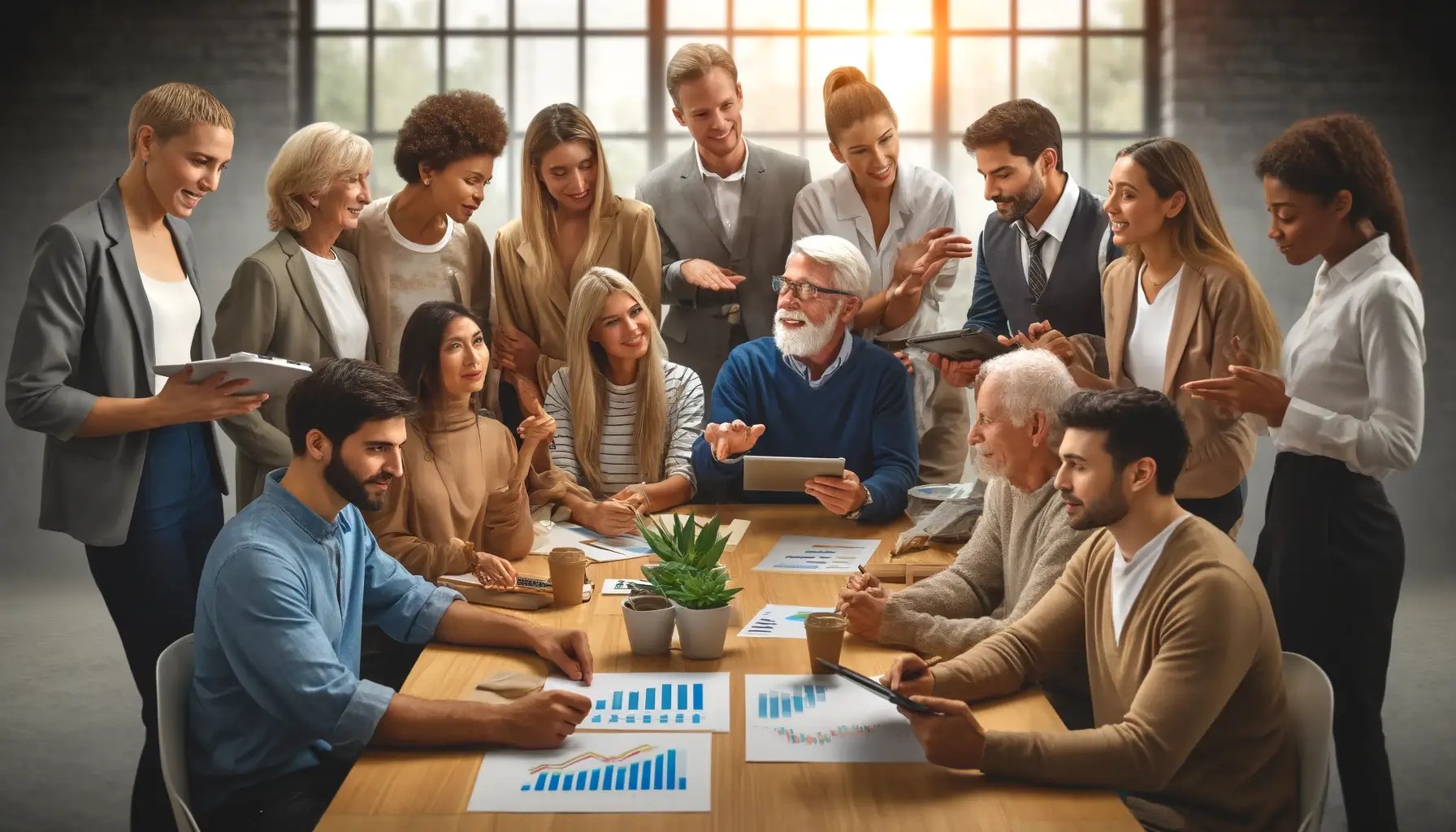 A multigenerational team of coworkers collaborating at a table, representing the benefits of diverse age groups working together in the workplace.