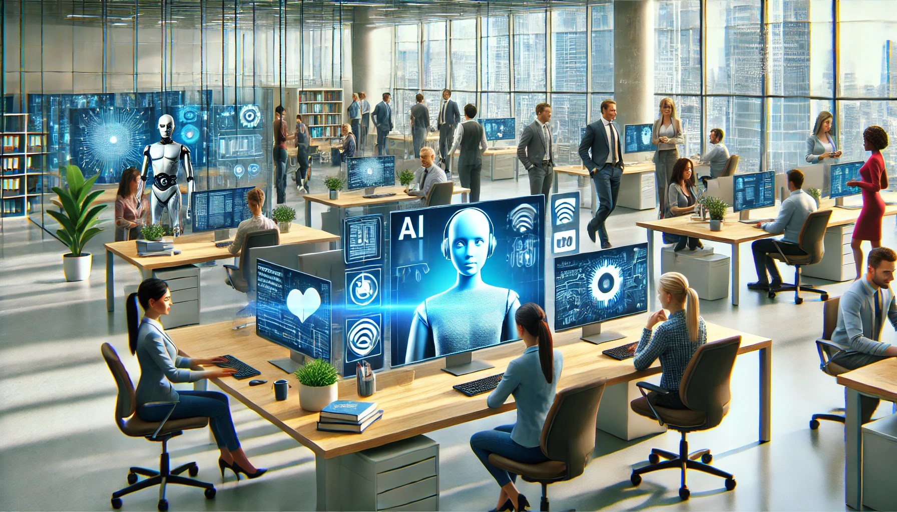 Modern workplace with AI technology integrated, representing how artificial intelligence enhances HR processes and organizational efficiency.