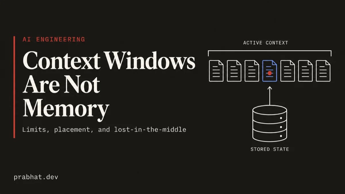 Context Windows Are Not Memory cover showing a finite row of documents selected from stored state into active context.