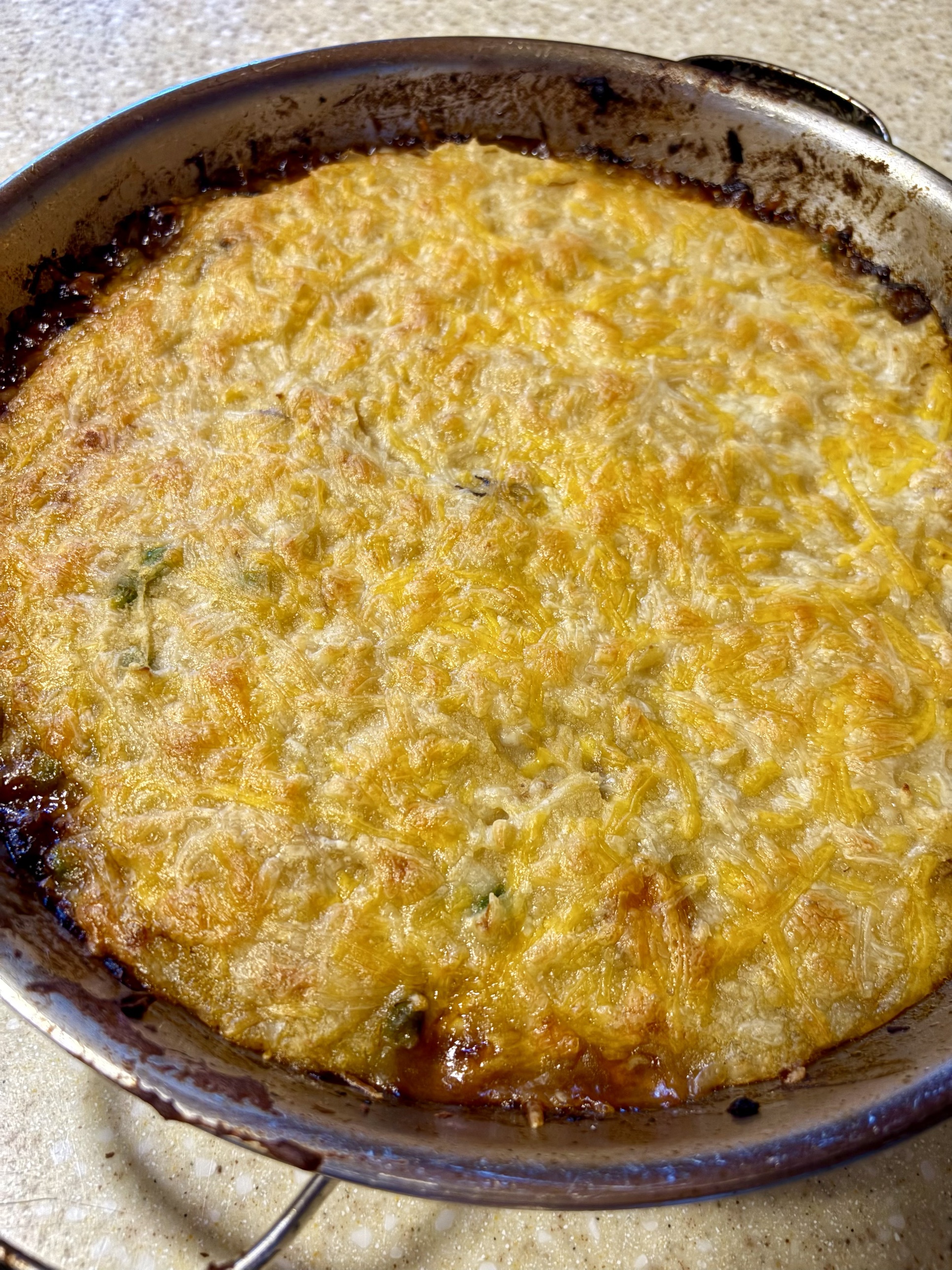 Low-carb French onion cottage pie with a golden, cheese-topped mashed potato crust