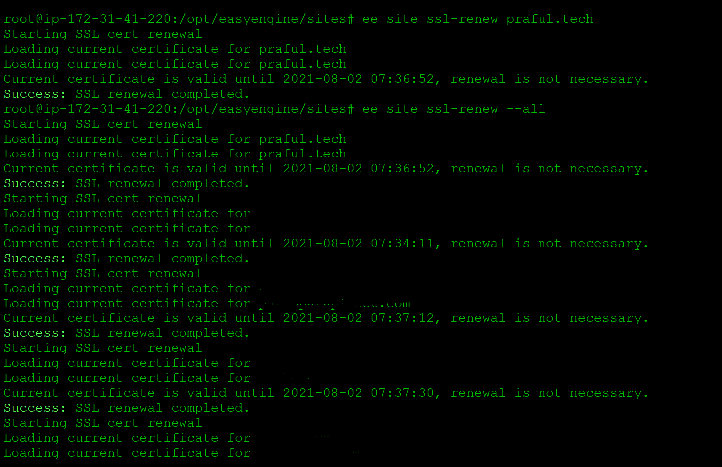 command for renew all website ssl using one command in ee4
