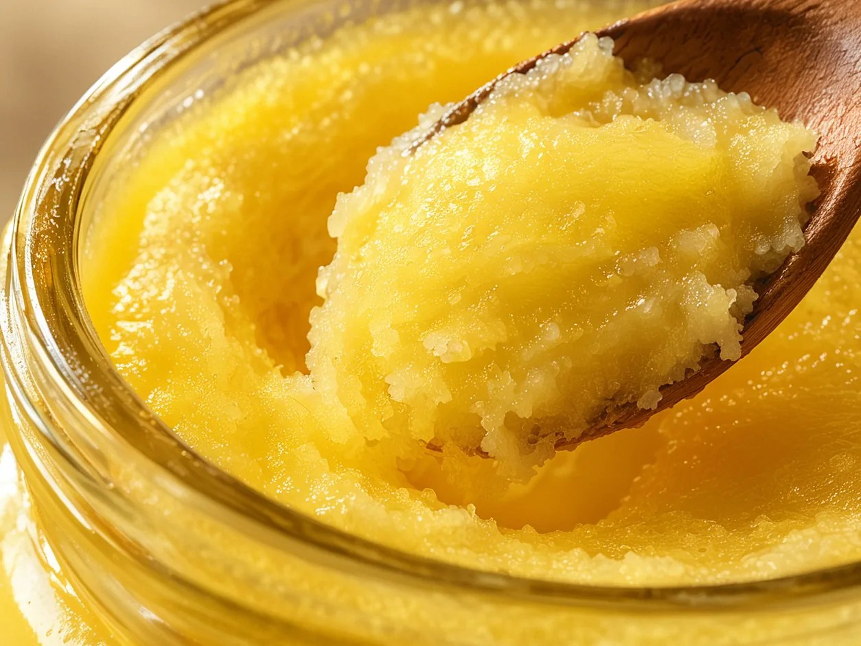 A wooden spoon lifting a grainy scoop of golden A2 bilona cow ghee from the jar
