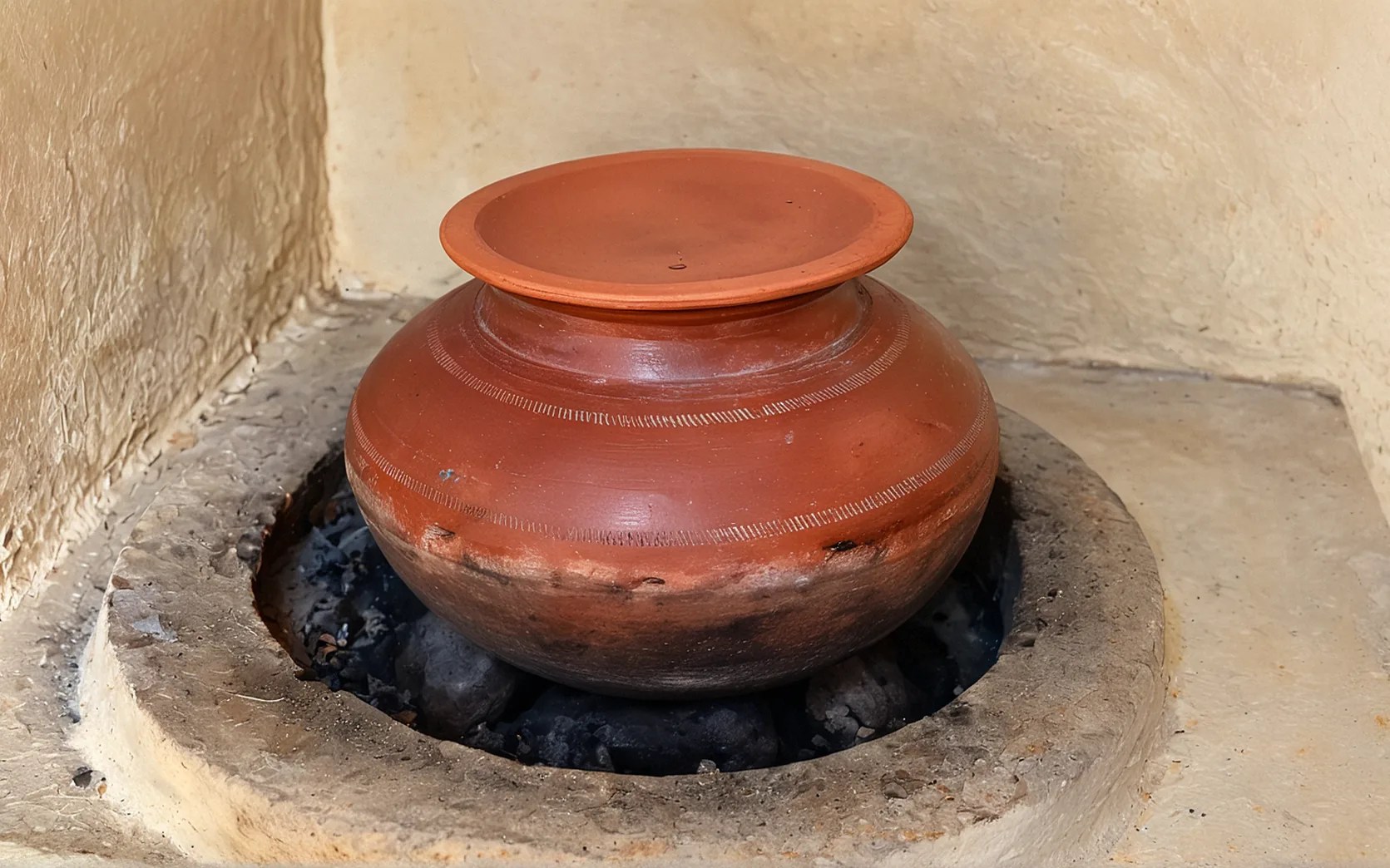 Whole milk boiling in a clay pot on the wood chulha