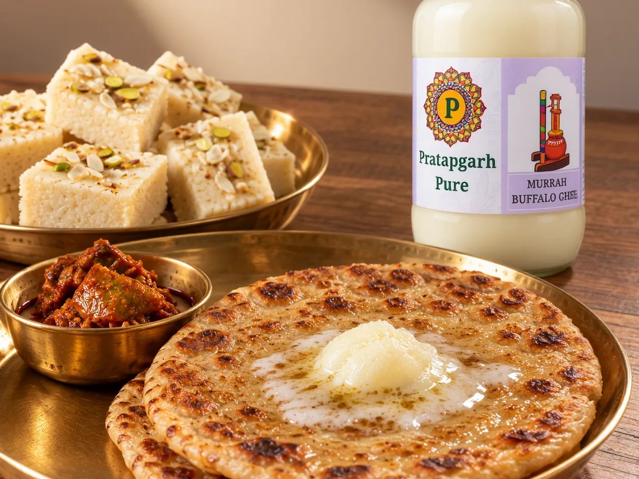 Paranthas topped with melting Murrah buffalo ghee, with sweets and a jar of ghee on a brass thali
